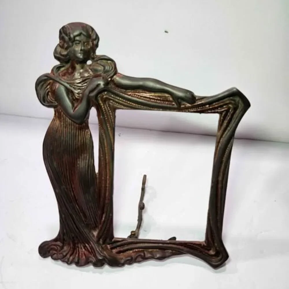 Vintage Art Nouveau Lady Figural Metal Photo Frame. Brass & heavy!